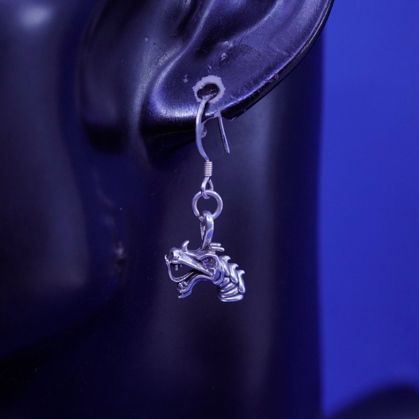 Vintage Sterling silver handmade earrings, 925 dragon head dangled