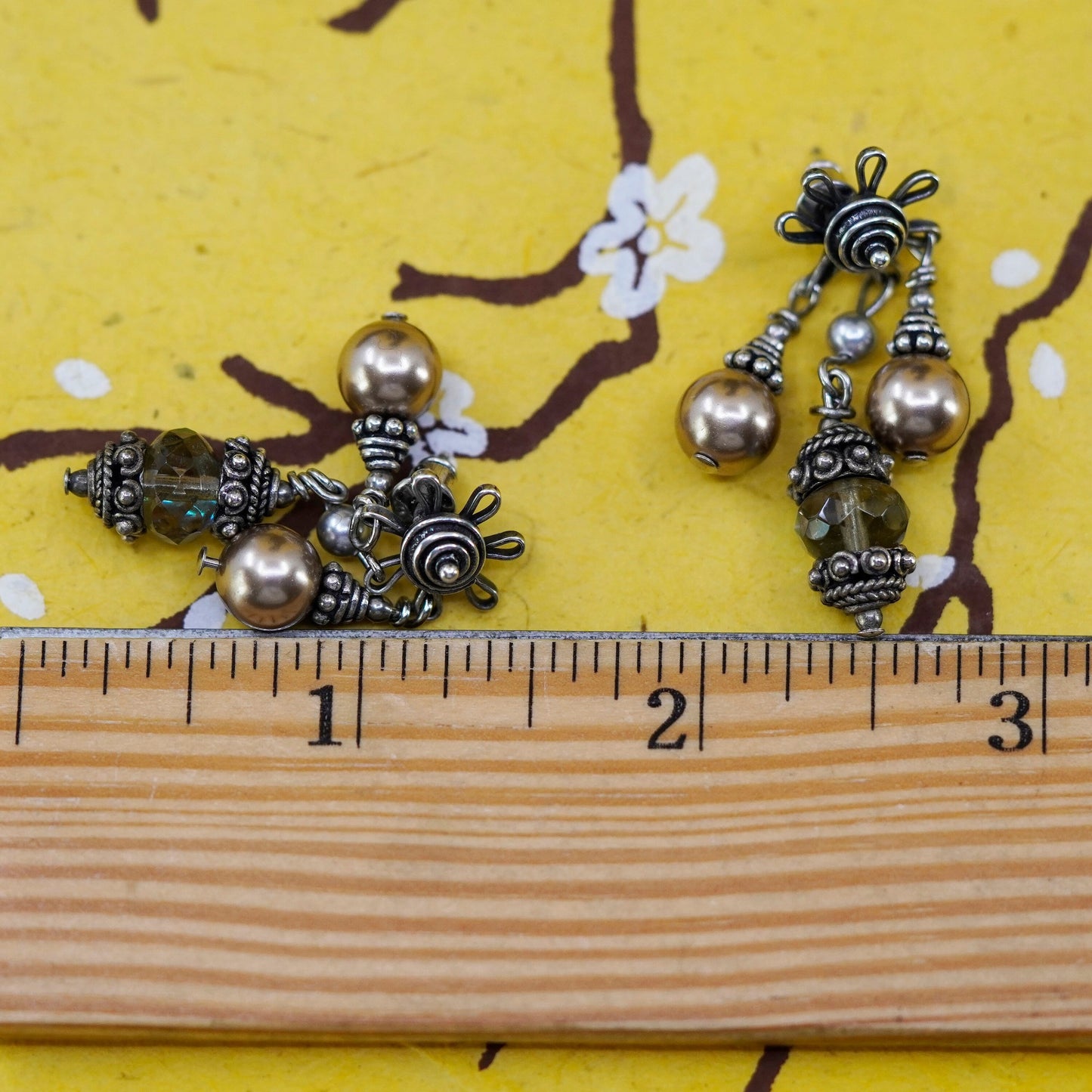 Sterling 925 silver handmade earrings with crystal and pearl details, dangle