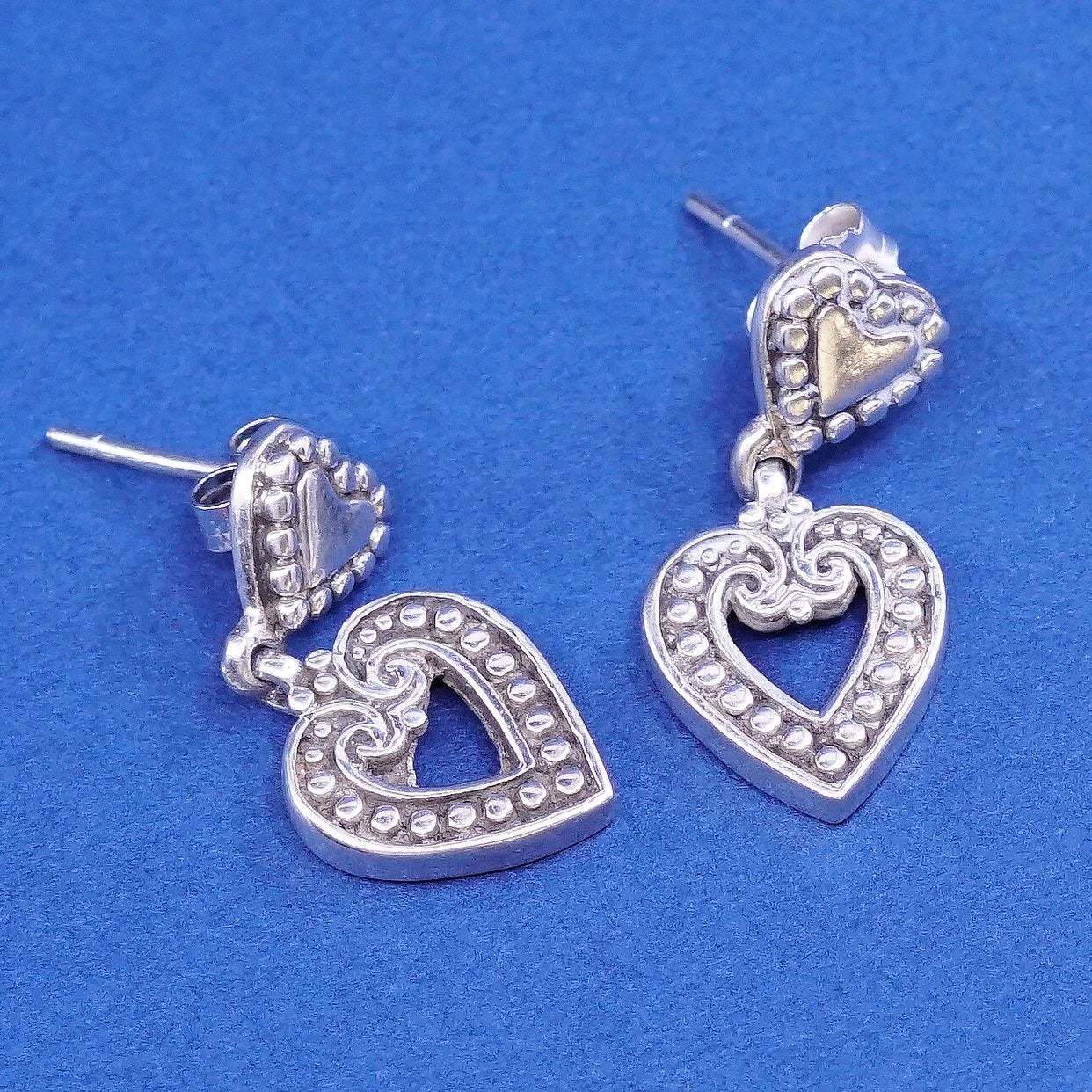 Sterling silver handmade earrings, 925 studs with heart Dangles N Beads