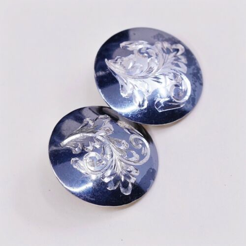 Vtg Mexico Handmade Sterling Silver, Solid 925 CLIP ON EARRINGS W/ Carved Leaf