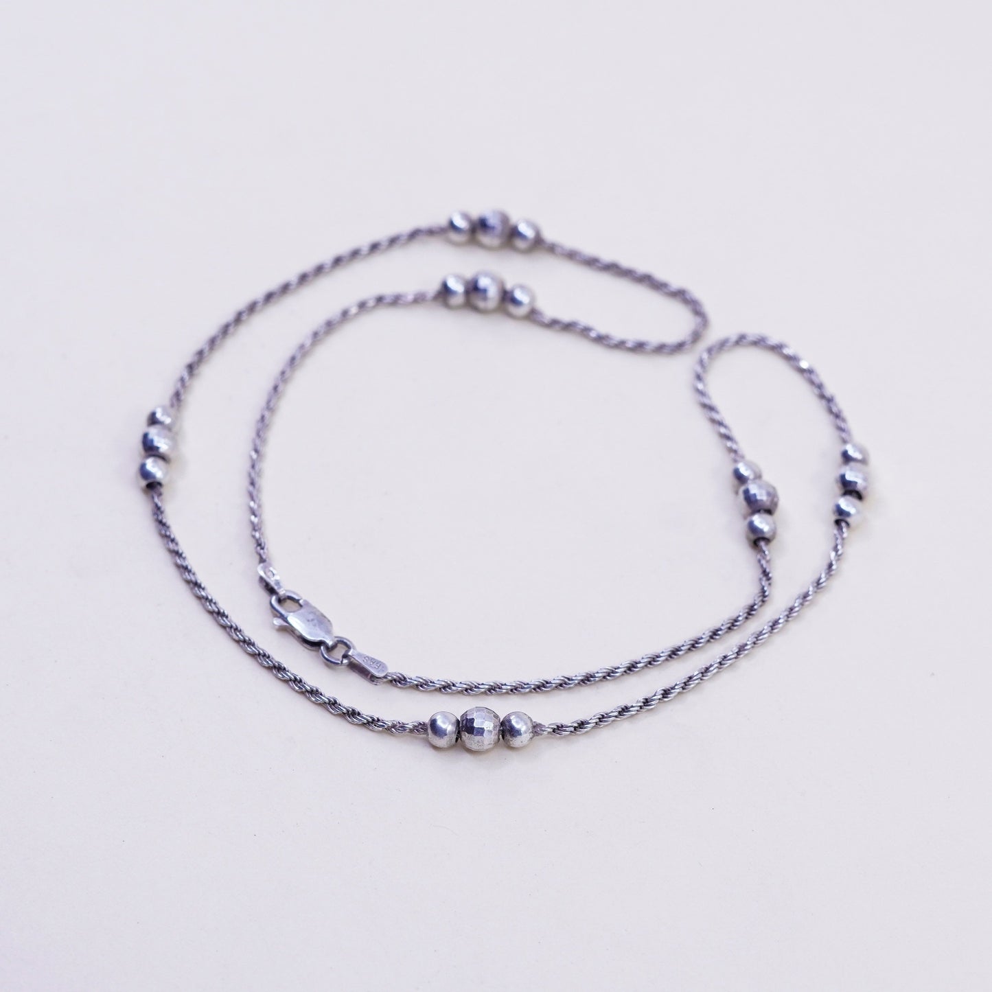18” 1.6mm, vintage sterling silver necklace, 925 rope chain with beads
