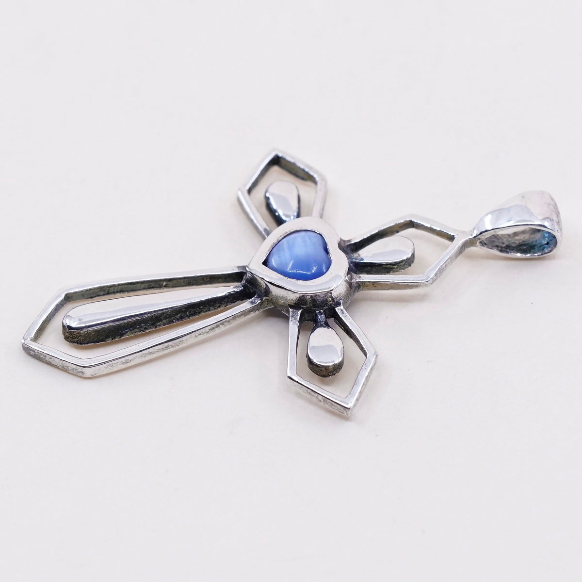 Vintage Sterling silver handmade pendant, Mexican 925 cross with blue tiger eye