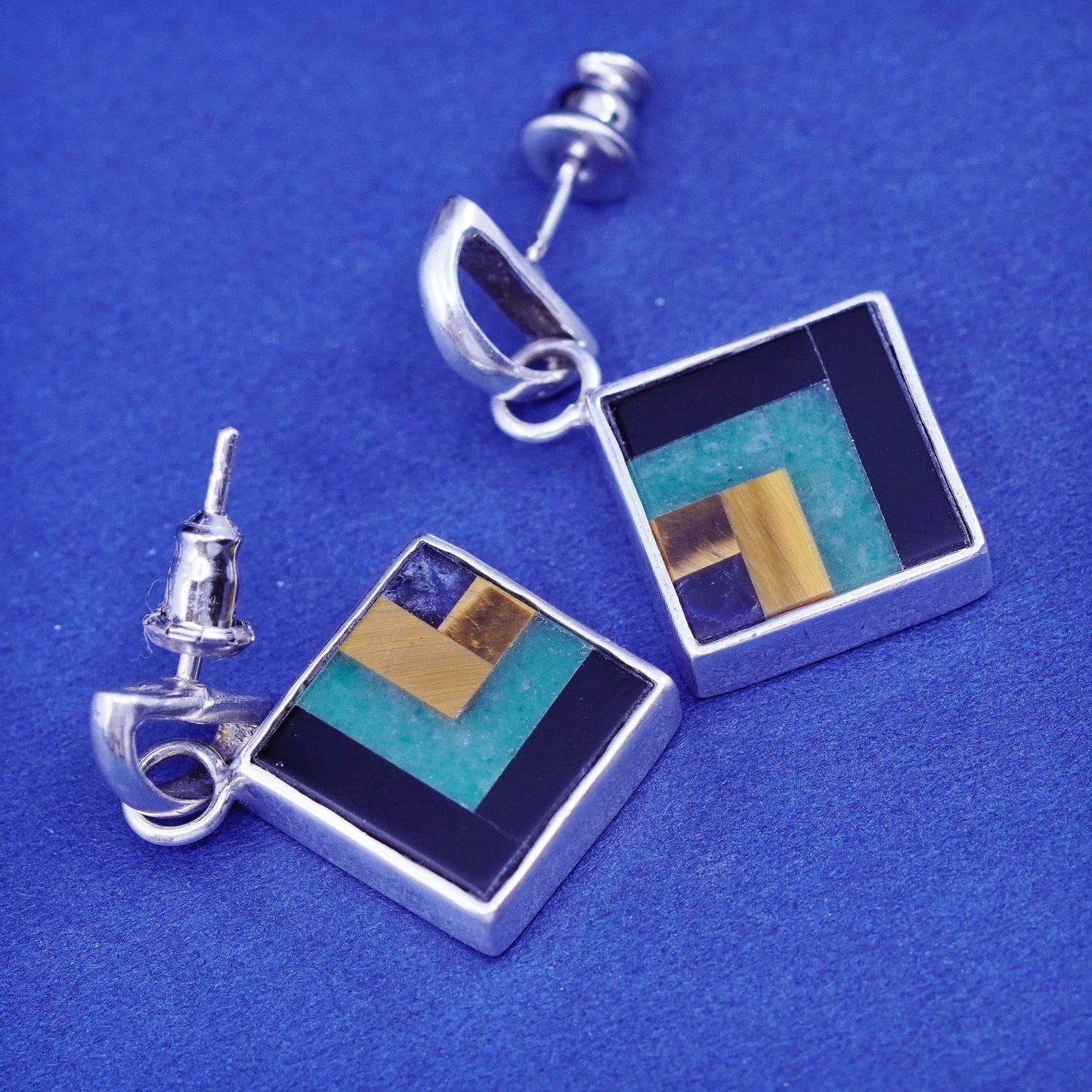 vtg sterling 925 silver handmade square earrings mother of pearl obsidian jade