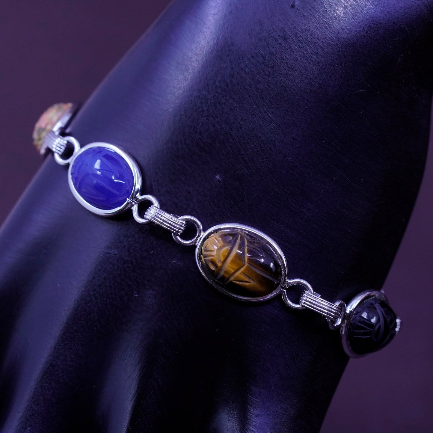 7.25”, sterling 925 silver carved bracelet golden tiger eye jasper carnelian