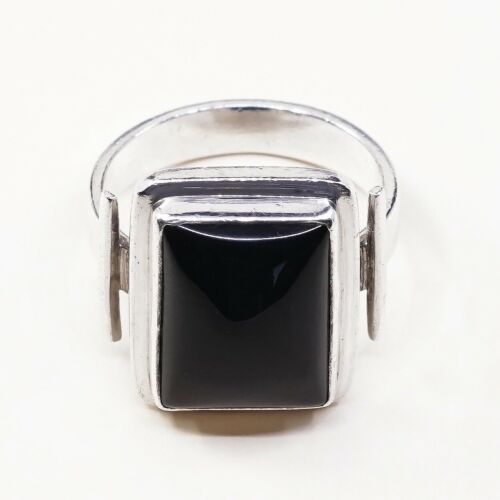 Sz 7.75, Vtg Sterling Silver Handmade Ring, 925 Silver Band W Obsidian Inlay