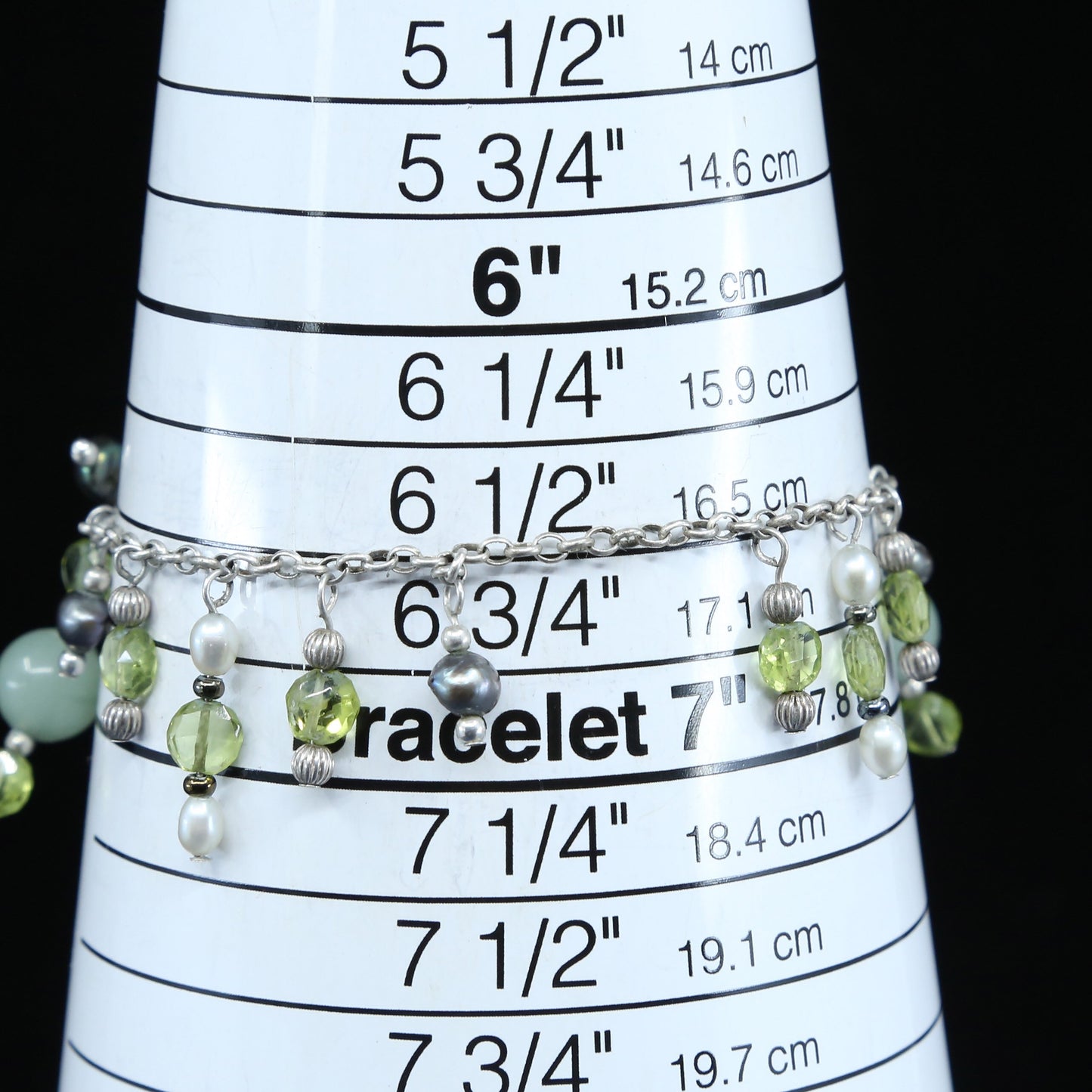 6.5”, sterling silver handmade bracelet 925 circle chain w/ crystal jade charms