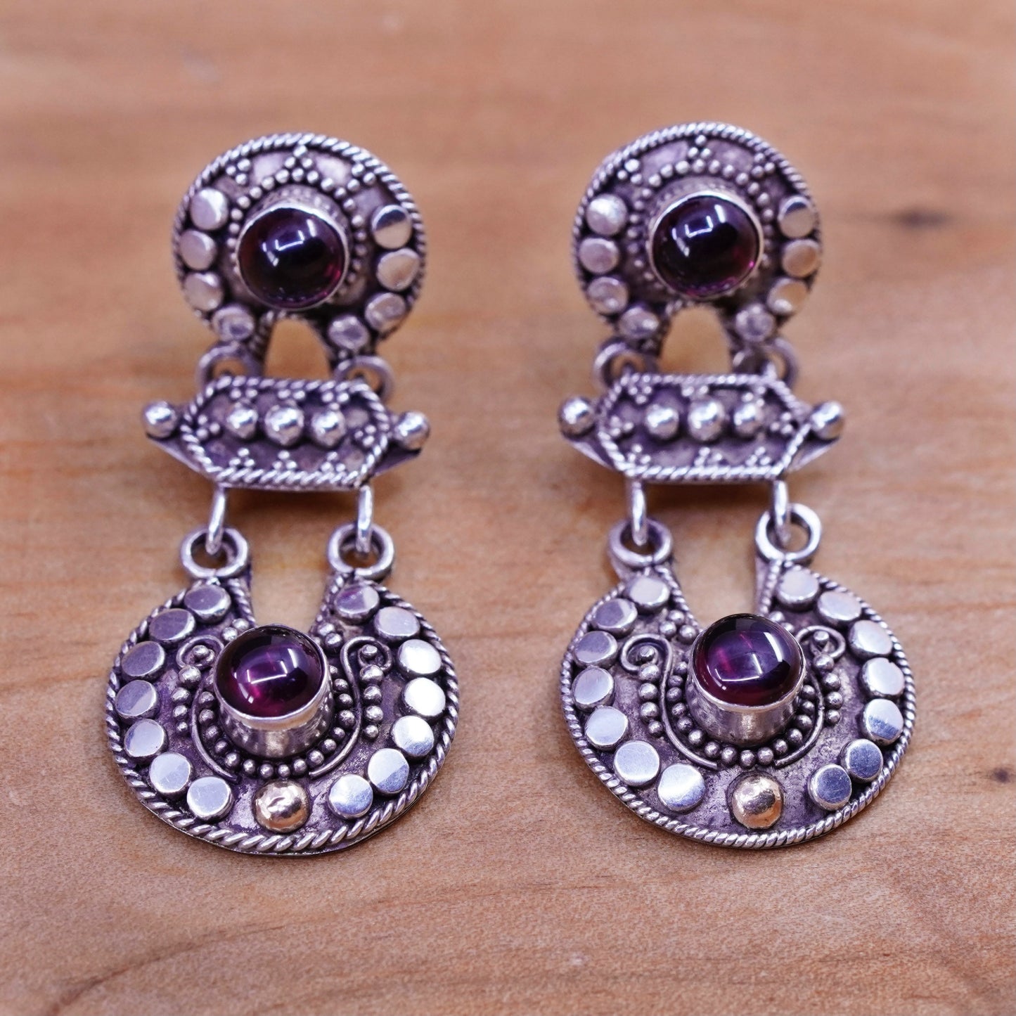 Two tone handmade sterling 925 silver earrings with 14K accent and garnet beads