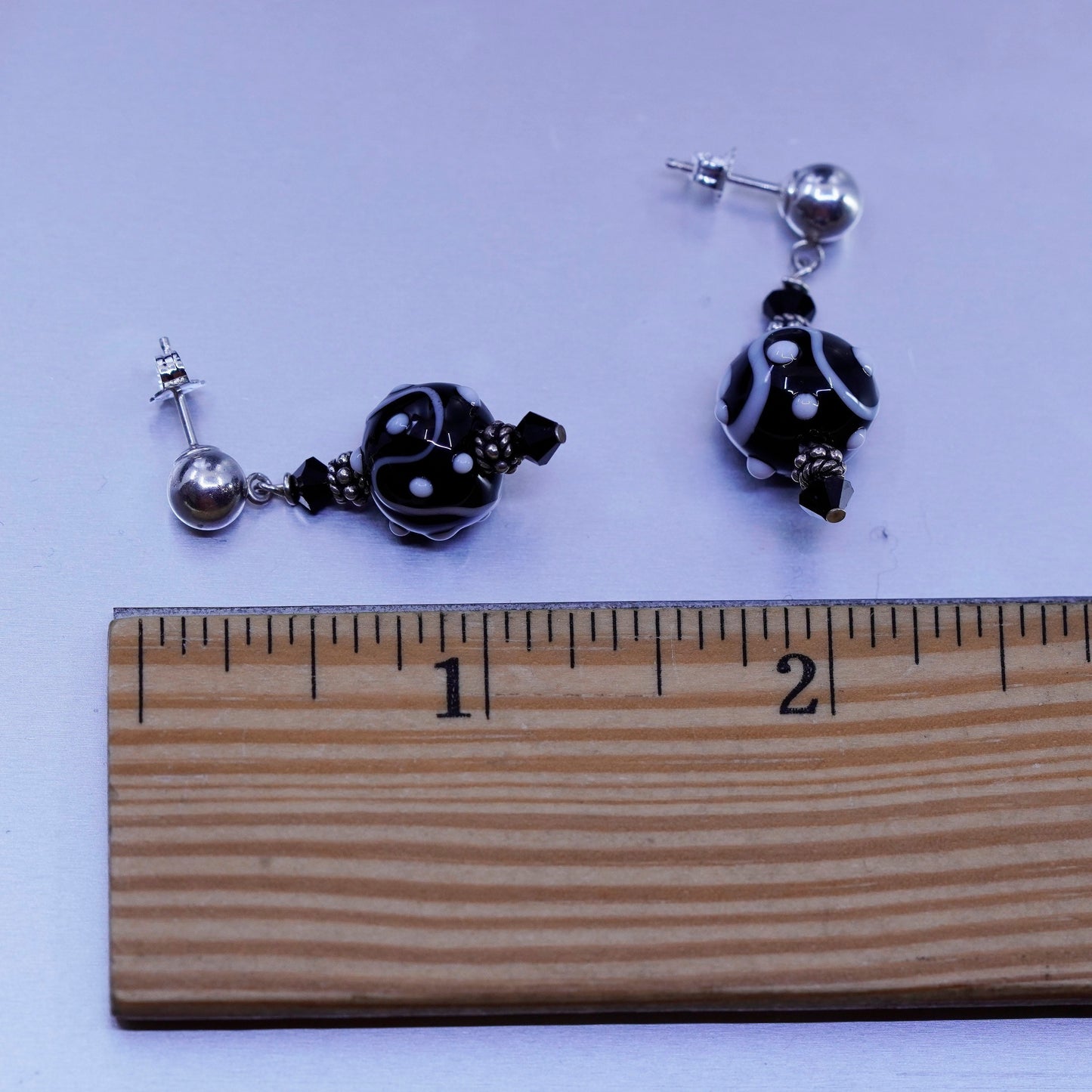 Italian sterling 925 silver earrings, authentic black artisan glass