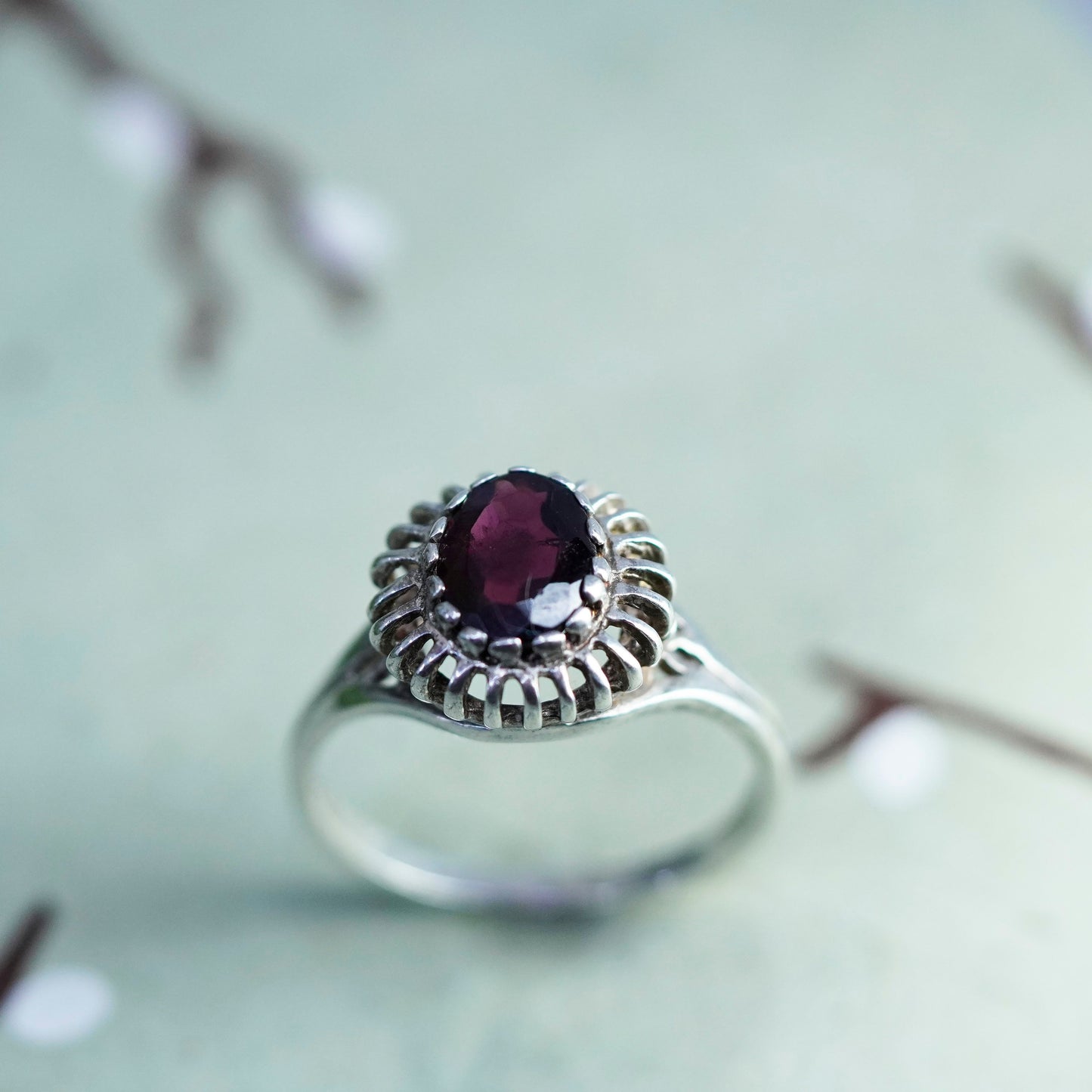 Size 10, Vintage sterling 925 silver handmade ring with oval garnet