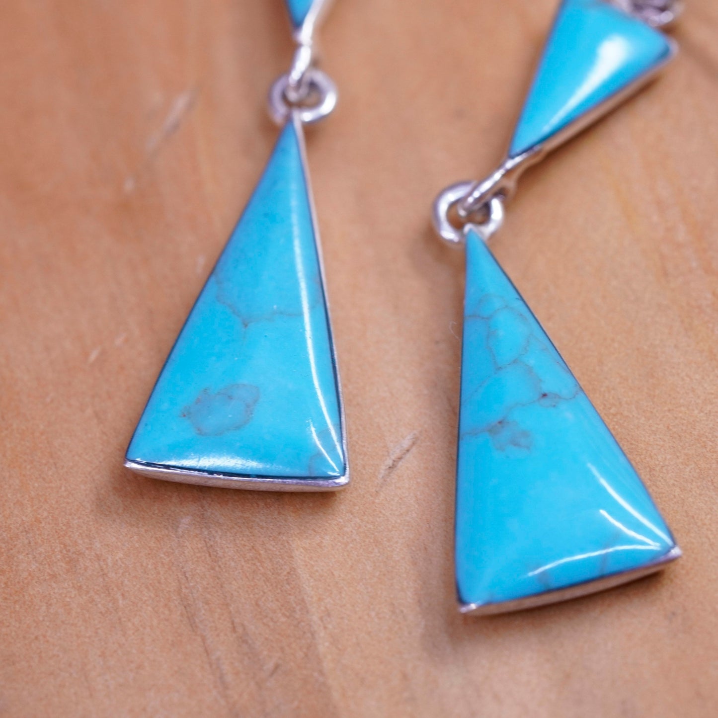 Vintage Sterling 925 silver handmade triangular earrings with turquoise