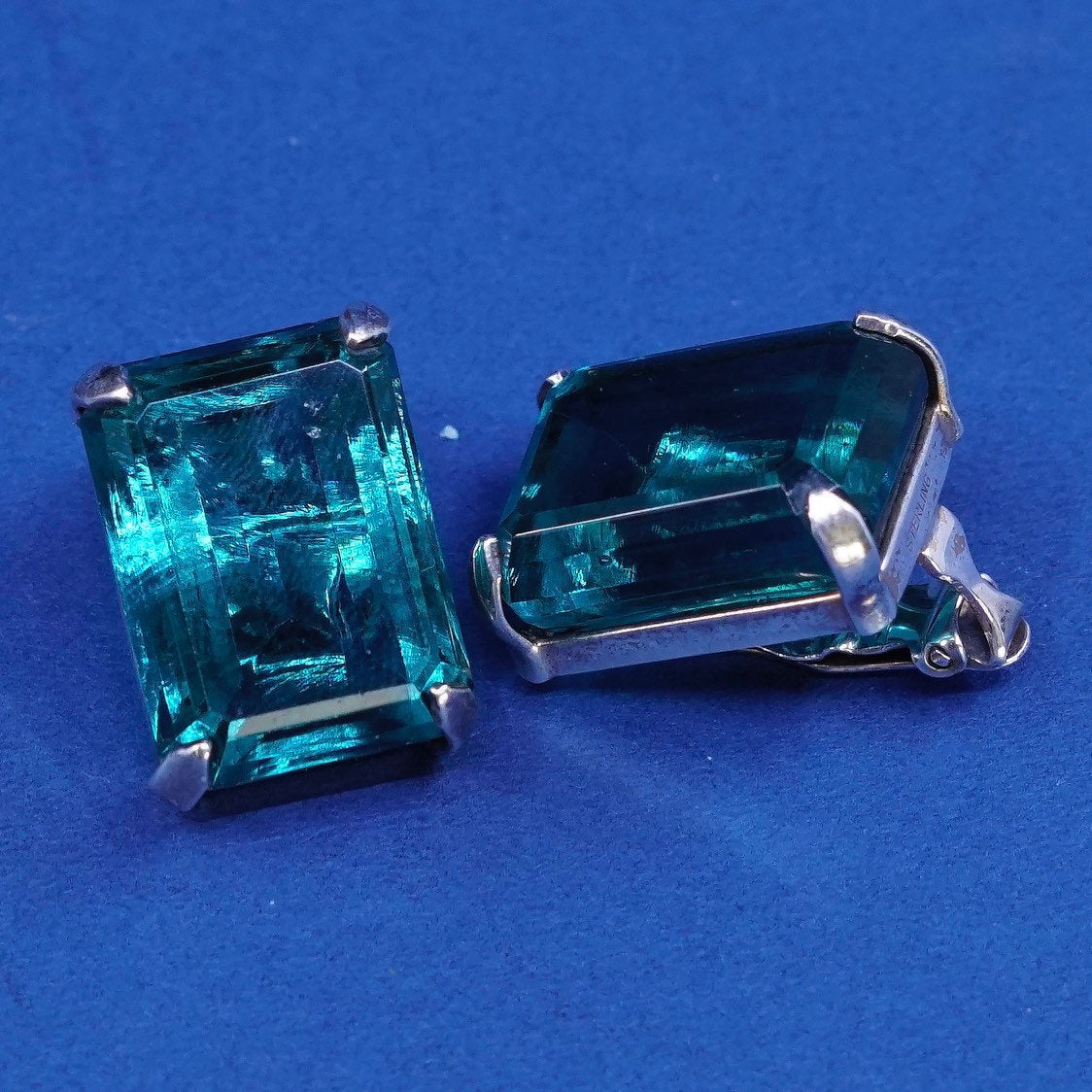 vtg Pat sterling silver handmade earrings, 925 w/ rectangular green glass
