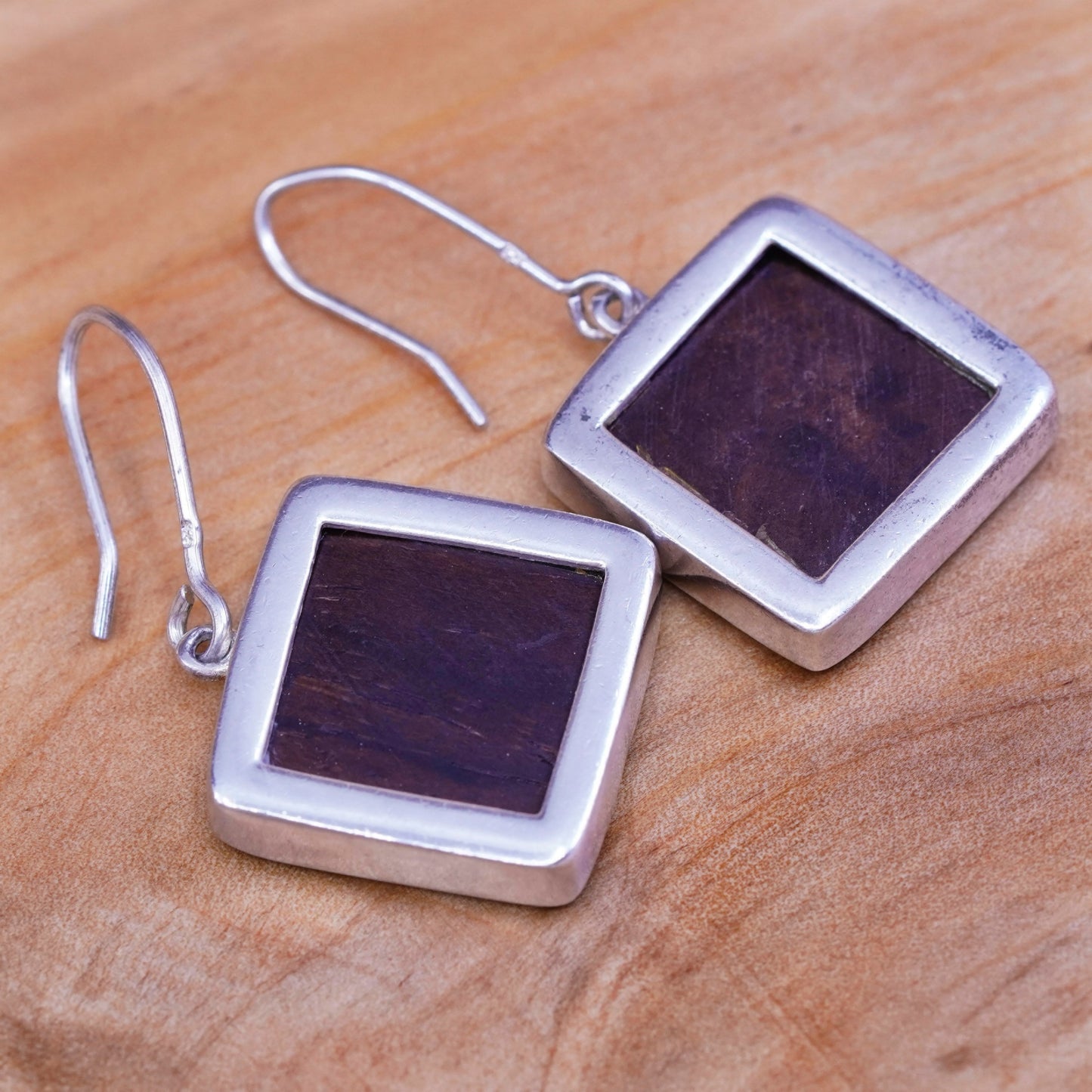 Vintage Sterling silver handmade earrings, 925 hooks with fossilized wood
