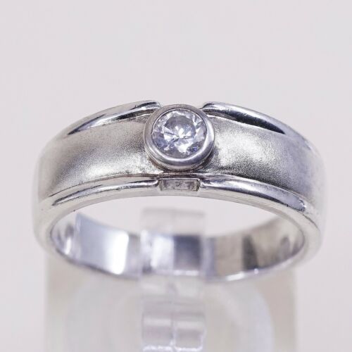 Sz 8, Vtg Sterling Silver Ring, Thailand 925 Modern Engagement Band Ring W/ CZ