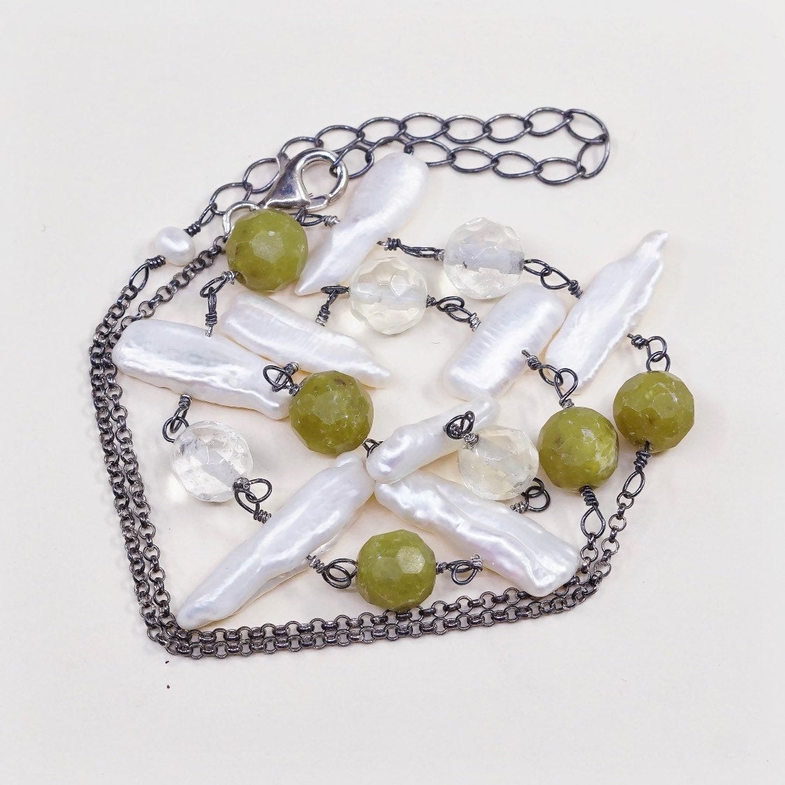 16”+3”, vtg handmade Sterling silver chain w/ pearl N jade beads