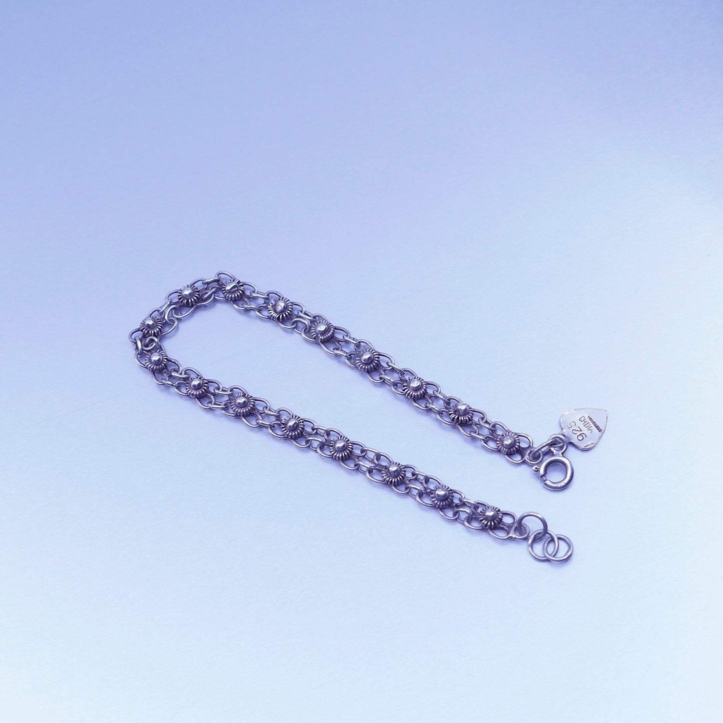7.5”, 5mm, Vintage Sterling 925 silver handmade flower bracelet, chain