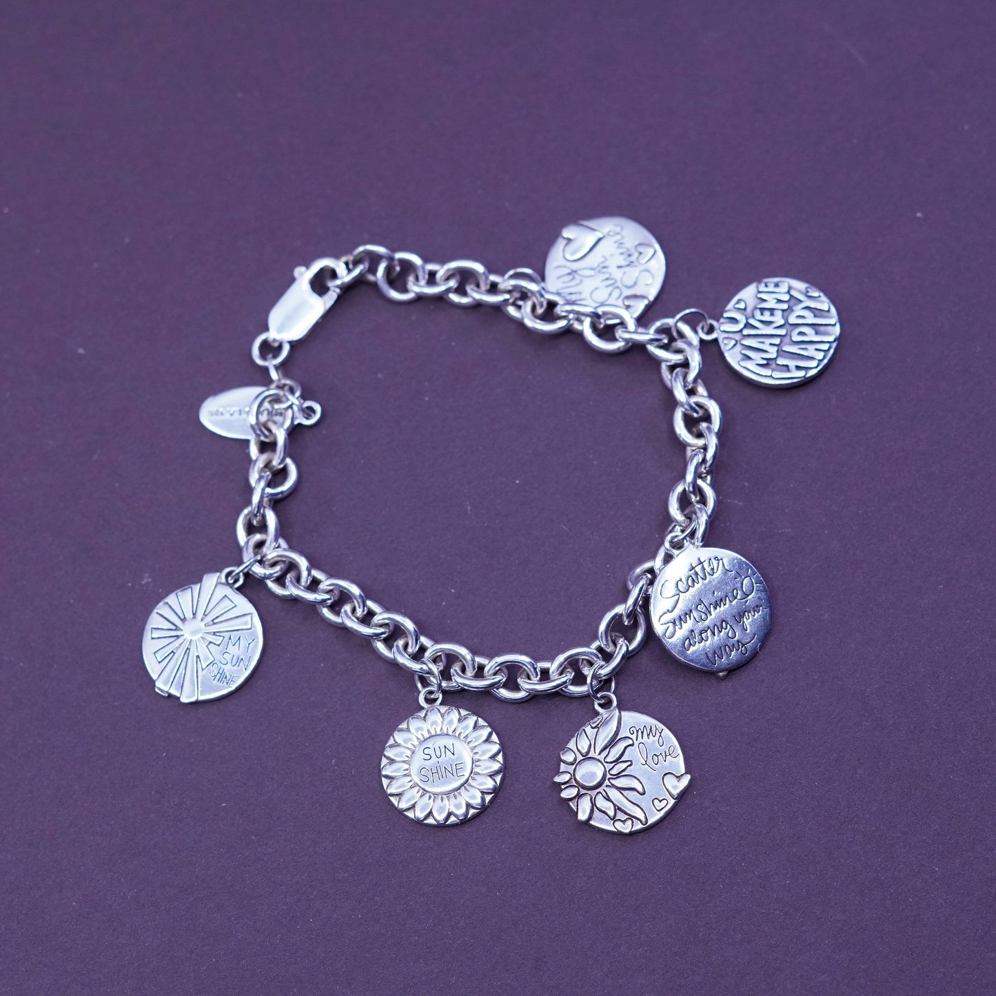 7”, vtg Sterling silver handmade bracelet, 925 bold circle chain with 6 charms