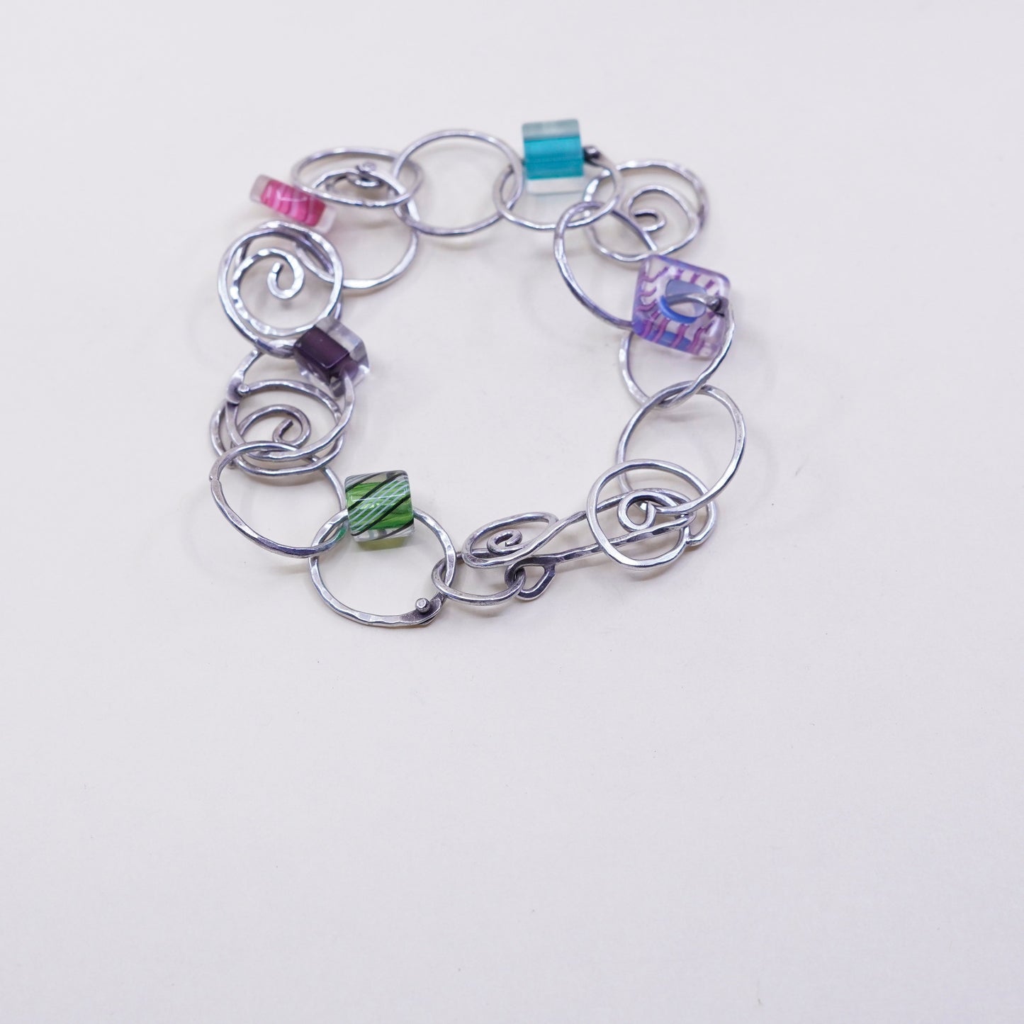 6”, 925 Sterling silver swirl circle bracelet with artisan colorful glass beads