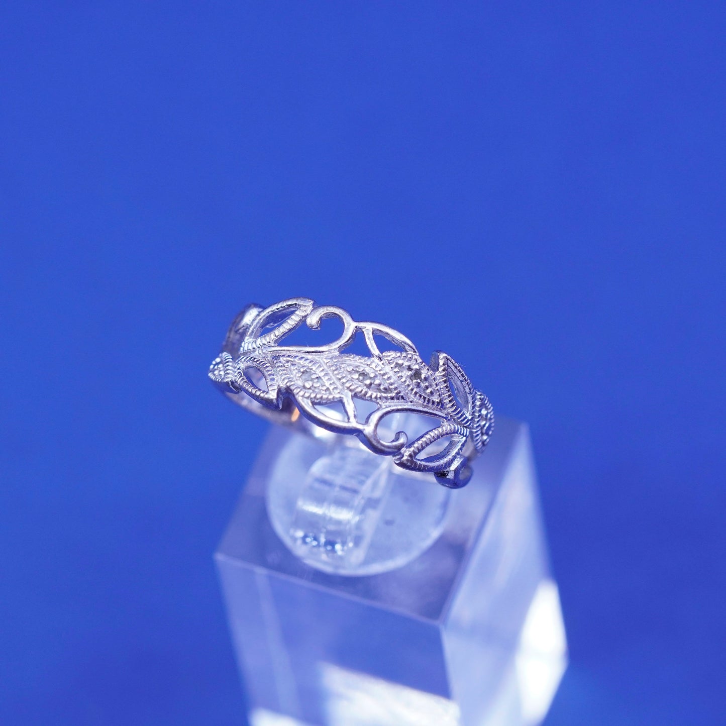 Size 9.5, vintage RJ Sterling silver handmade ring, 925 leafy band with diamond