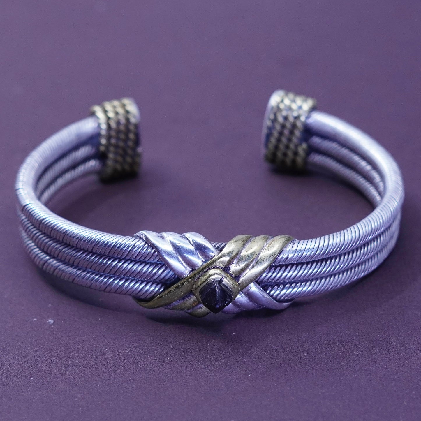 7”, two tone sterling silver handmade bracelet, 925 cable cuff brass cross
