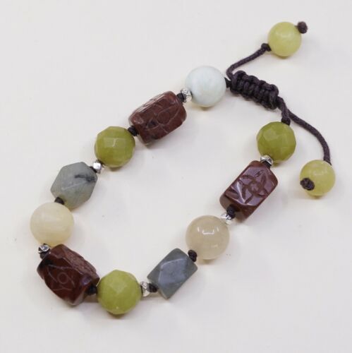 Size Adjustable, Waxed Threaded Mexico Handmade Jade N Jasper Bead Bracelet