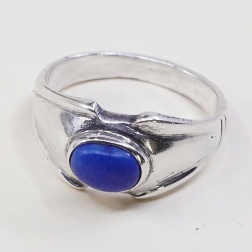 Sz 6.75, Vtg Sterling Silver Handmade Ring 925 Band W/ Blue Onyx inlay