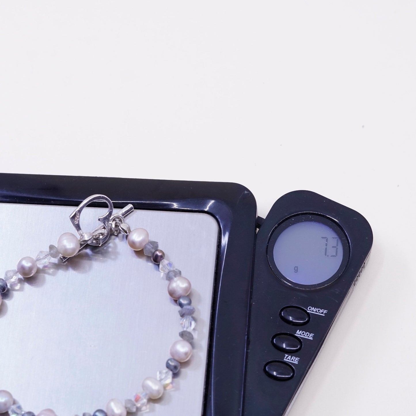 6.75”, vtg Sterling 925 silver handmade bracelet, pearl w/ crystal N heart