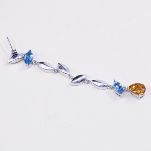 sterling silver handmade earrings, 925 Long Drops w/ teardrop blue topaz Citrine