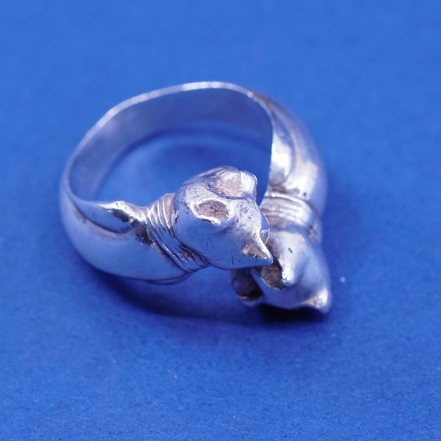 Size adjustable, vtg Sterling Silver Handmade ring, 925 double cat wrap band