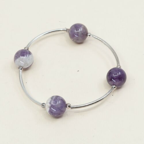 6”, Vtg Sterling 925 Silver Bar Bracelet W/ Amethyst Beads N Elastic Band