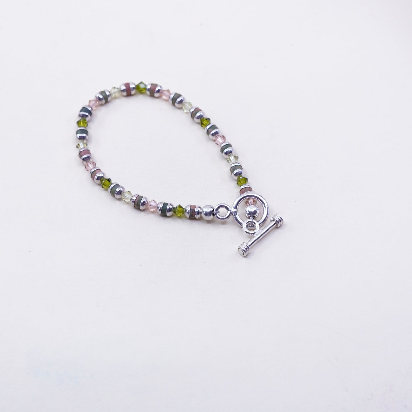 6.75”, Vintage Sterling 925 silver handmade bracelet with pink crystal Unakite