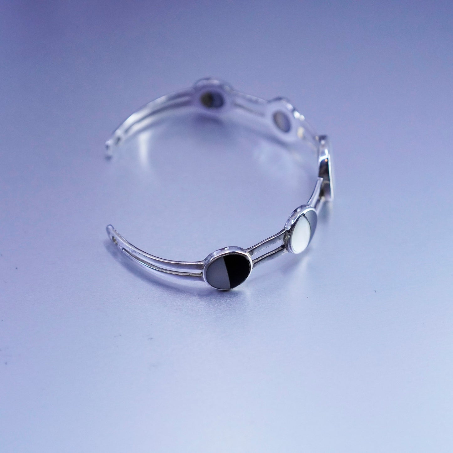 7.25”, Sterling 925 silver handmade bracelet, moon phases cuff mother of pearl