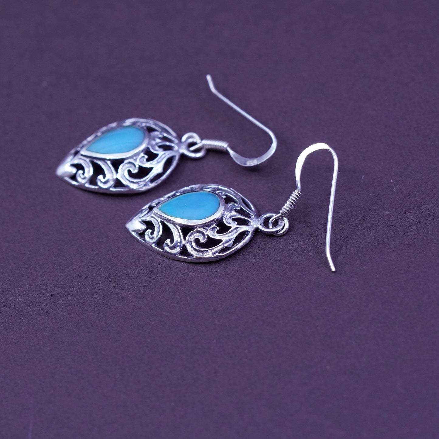 Vintage Sterling silver handmade earrings, Mexico 925 with teardrop turquoise