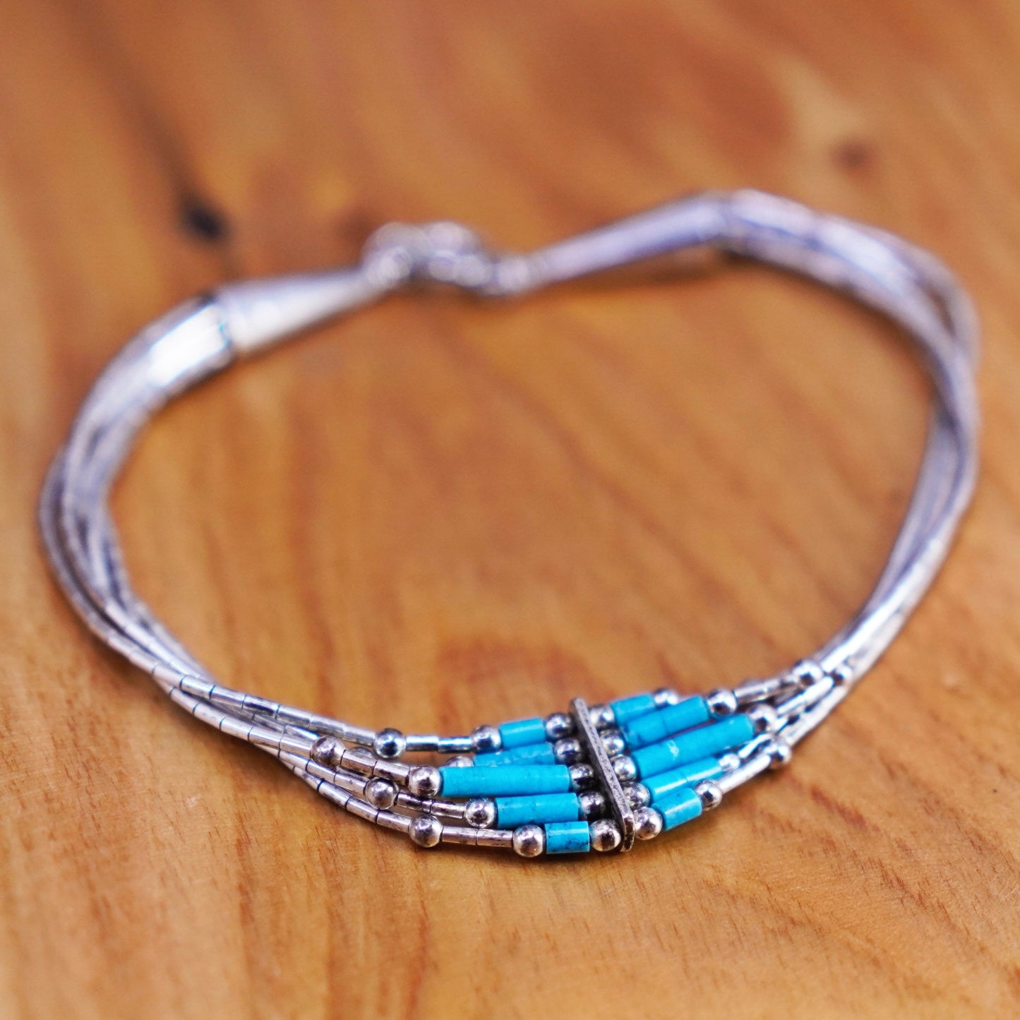 7”, 925 handmade bracelet, 5 multi strands liquid Silver chain with turquoise