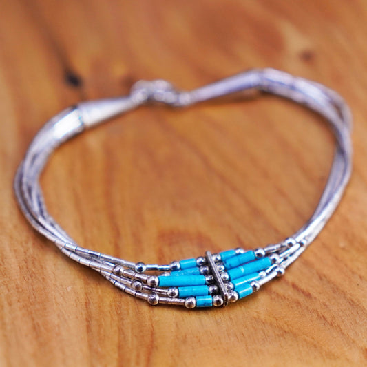7”, 925 handmade bracelet, 5 multi strands liquid Silver chain with turquoise