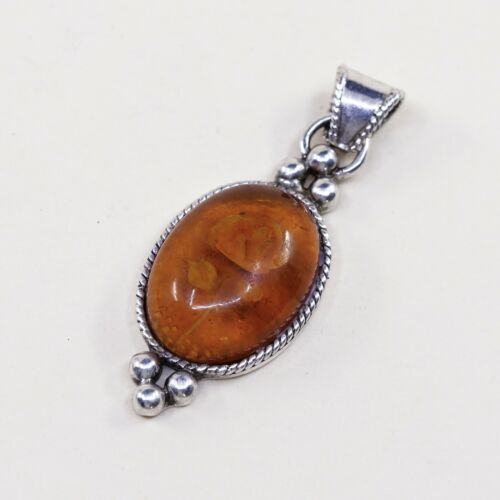 Vtg Sterling 925 Silver Handmade Beads Unique Amber Engraved Flower Pensant