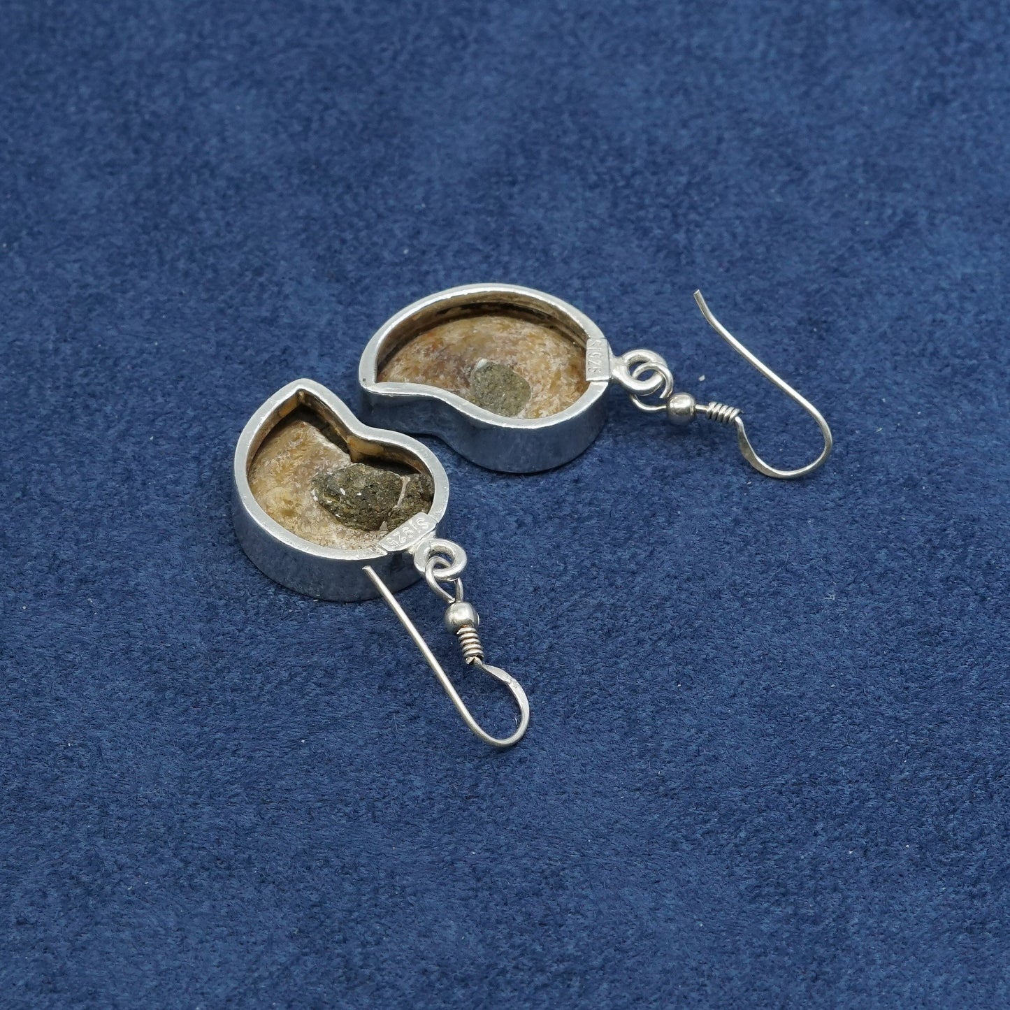 vtg SJ Sterling silver handmade earrings, 925 fossil shell drops