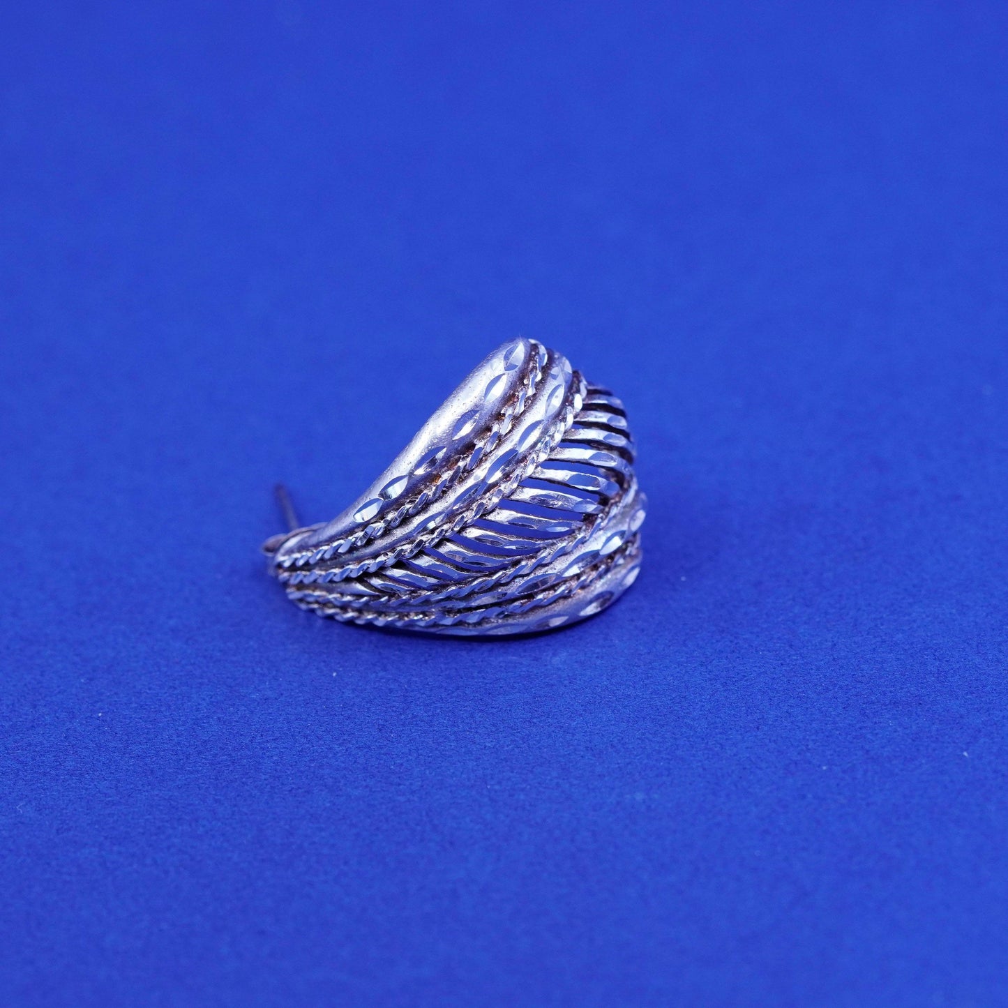 Vintage Sterling silver handmade earrings, ribbed 925 Huggie studs filigree