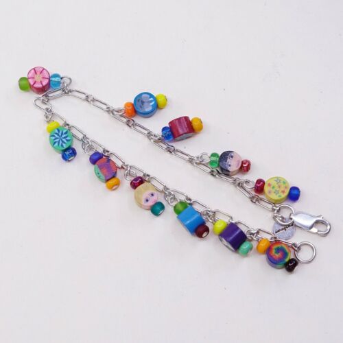 7” Vtg Imagine Sterling Silver Handmade Bracelet, 925 chain w/ Colorful charms