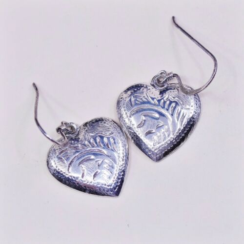 Vtg Handmade 925 Sterling Silver Puffy Textured Heart Earrings, Stamped 925 OW