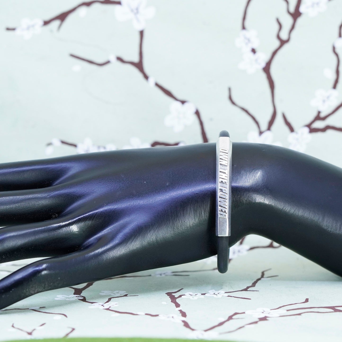 6.25”, black rubber bracelet with sterling 925 silver bar “own the power