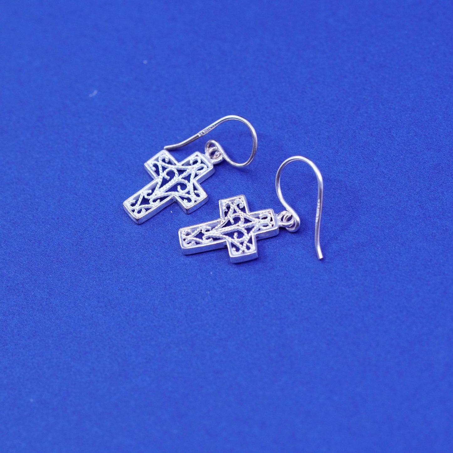 Vintage Sterling silver handmade earrings, 925 Bali filigree cross drops
