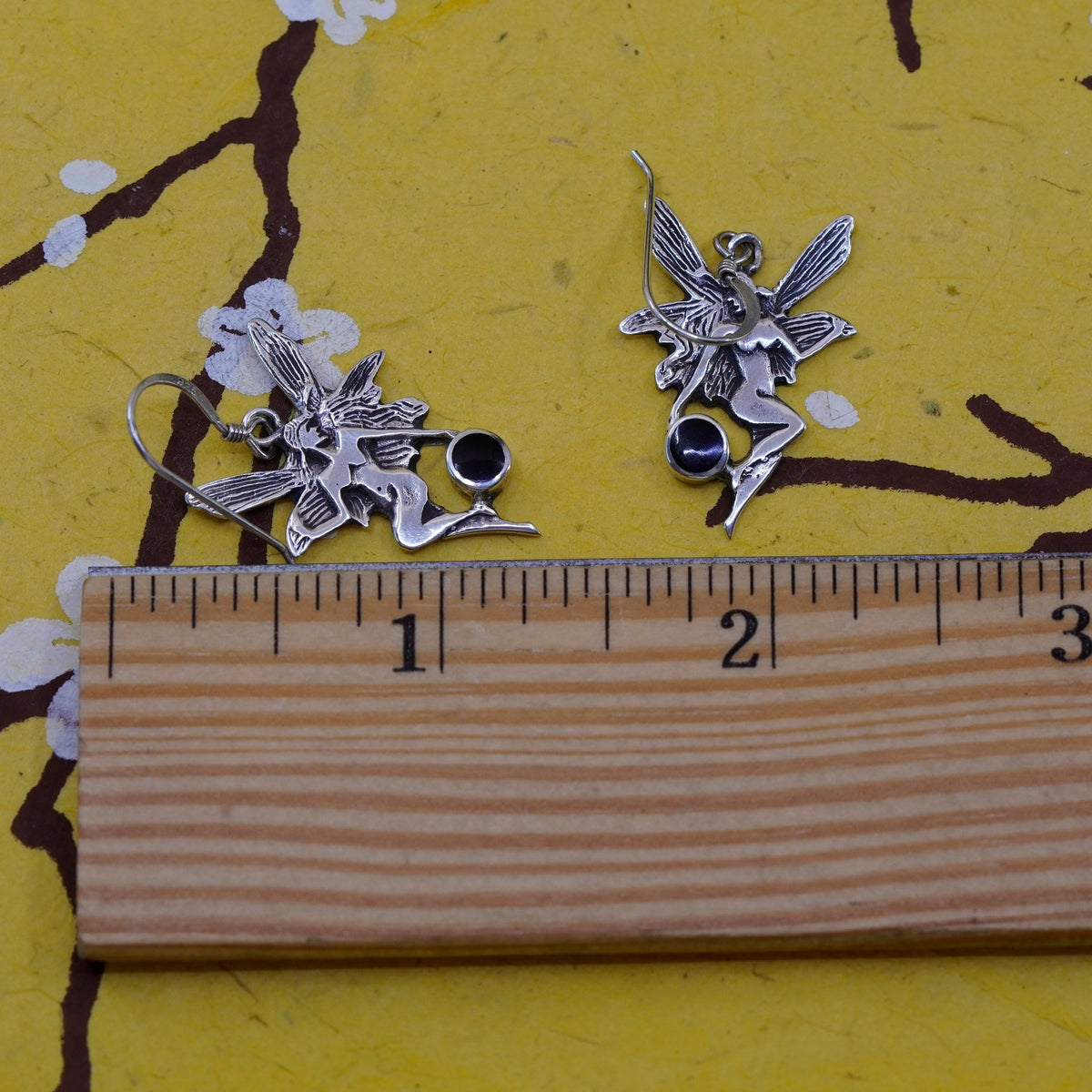 Vintage Sterling silver handmade earrings, Mexican 925 fairy dangles with onyx