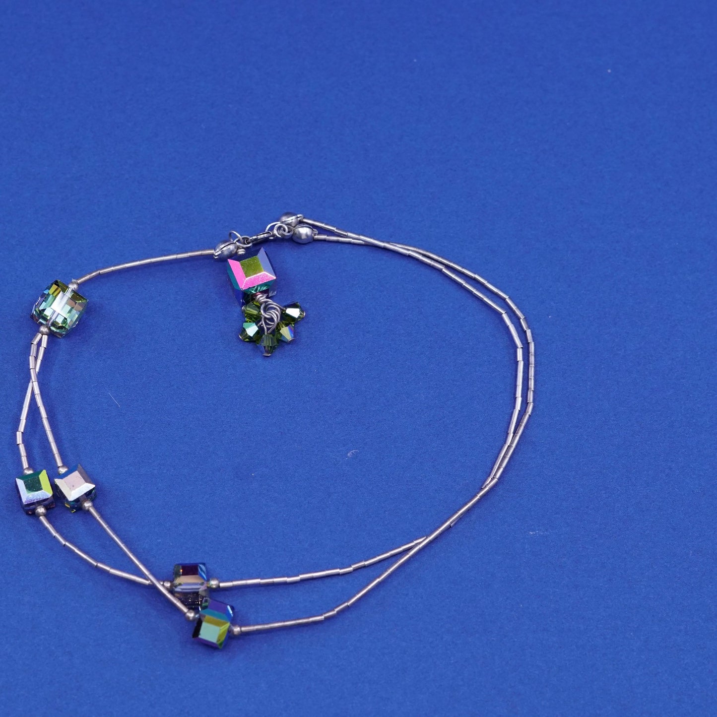9.5”, sterling silver handmade bracelet, 925 liquid silver chain w/ crystal