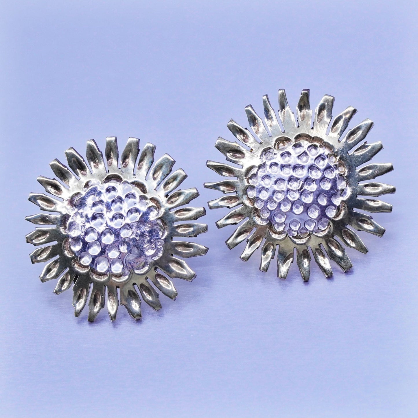 two tone Mexico Sterling 925 silver handmade earrings, sunflower flower studs