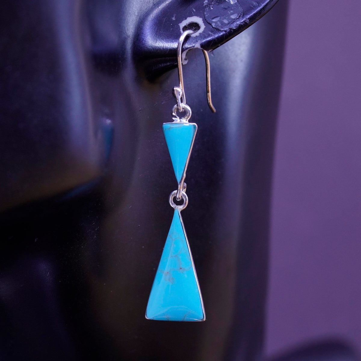 Vintage Sterling 925 silver handmade triangular earrings with turquoise