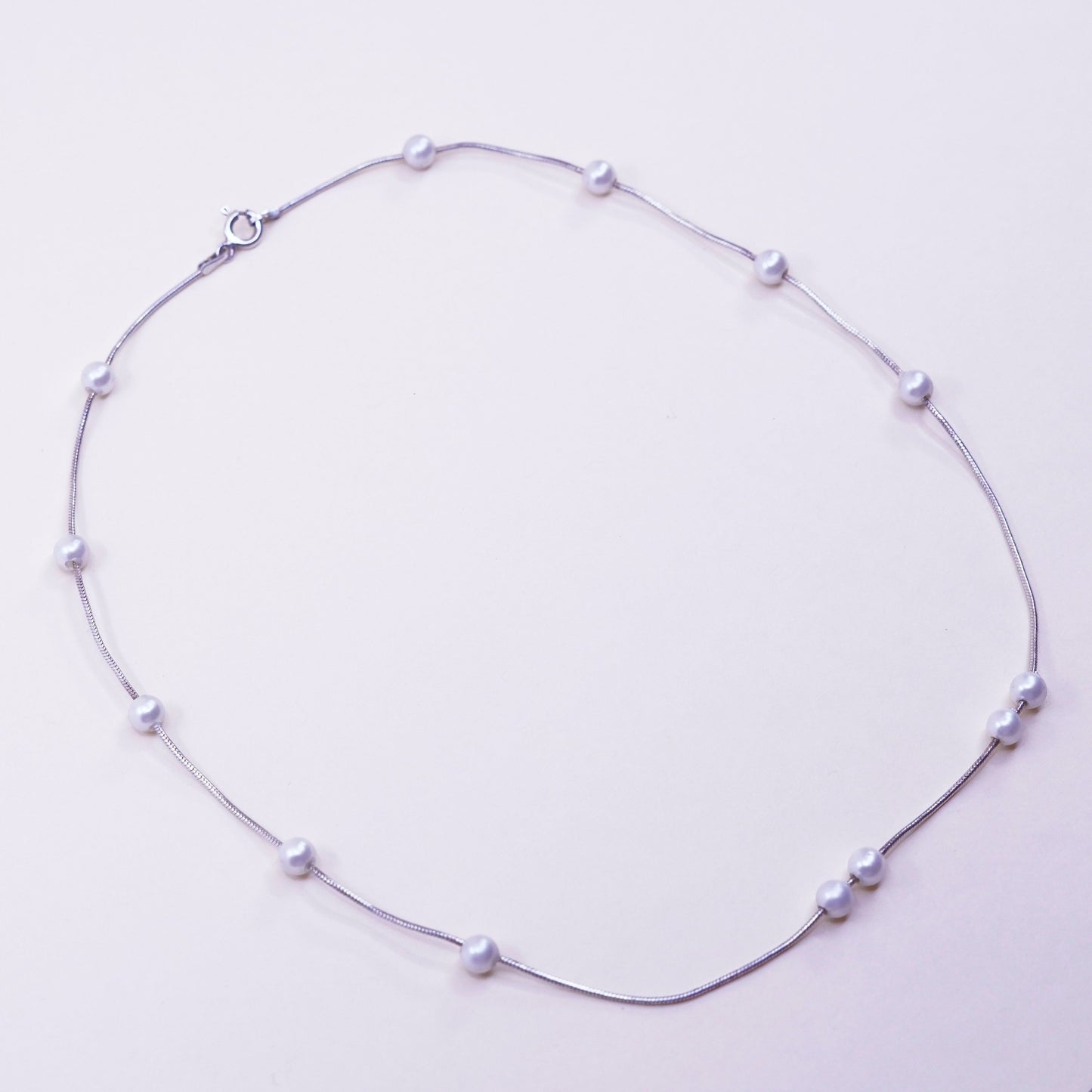 16”, Vintage handmade Sterling 925 silver Snake chain with pearl beads