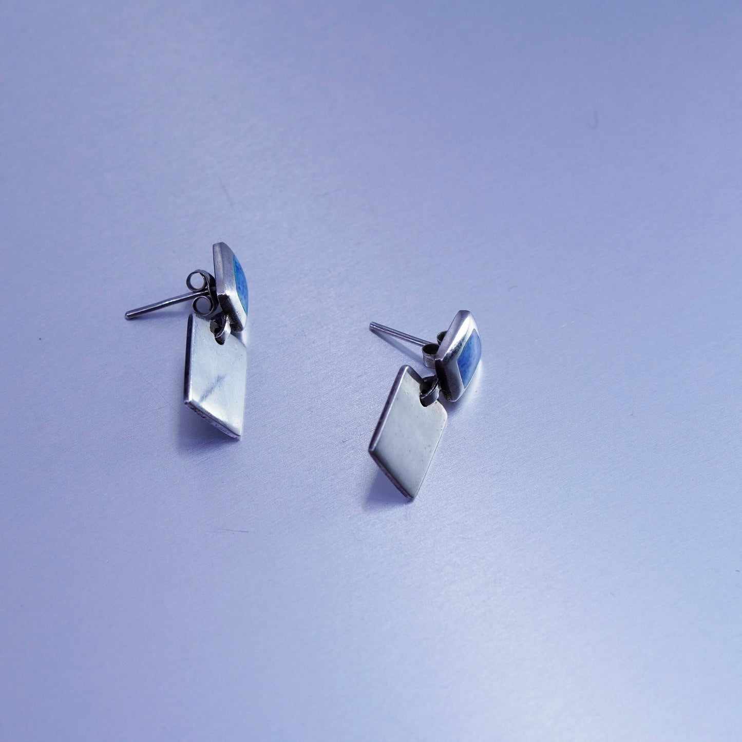 Vintage Sterling 925 silver handmade earrings with square denim lapis lazuli