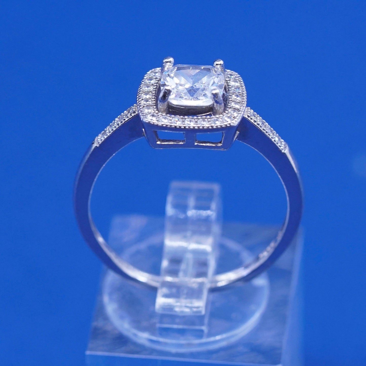 sz 9.25, vtg Sterling 925 silver engagement ring, w/ clear cz around