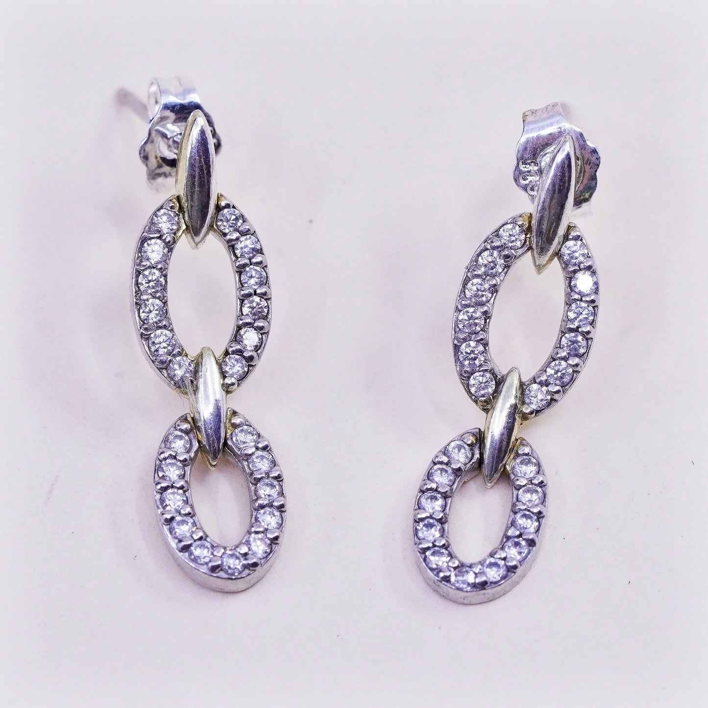 Vintage sterling 925 silver handmade oval earrings with round CZ