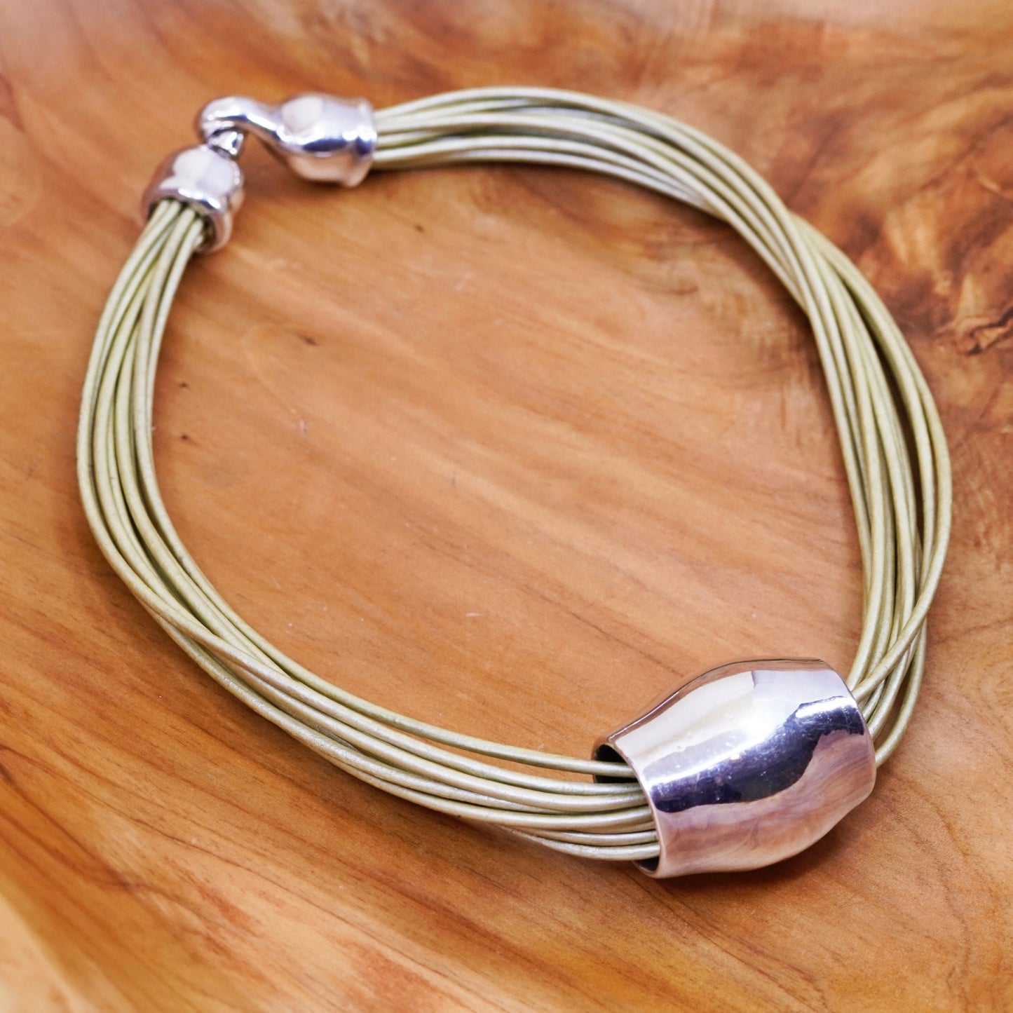 16”, Israel Sterling Silver Multi Strand golden Leather Necklace 925 Pendant